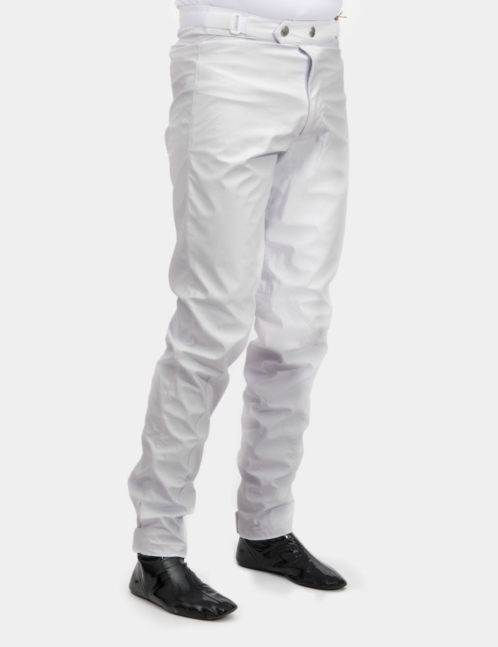 White waterproof over breeches for jockeys from OPR, featuring a sleek design and available in multiple sizes.