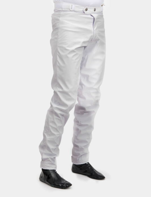 White waterproof over breeches for jockeys from OPR, featuring a sleek design and available in multiple sizes.