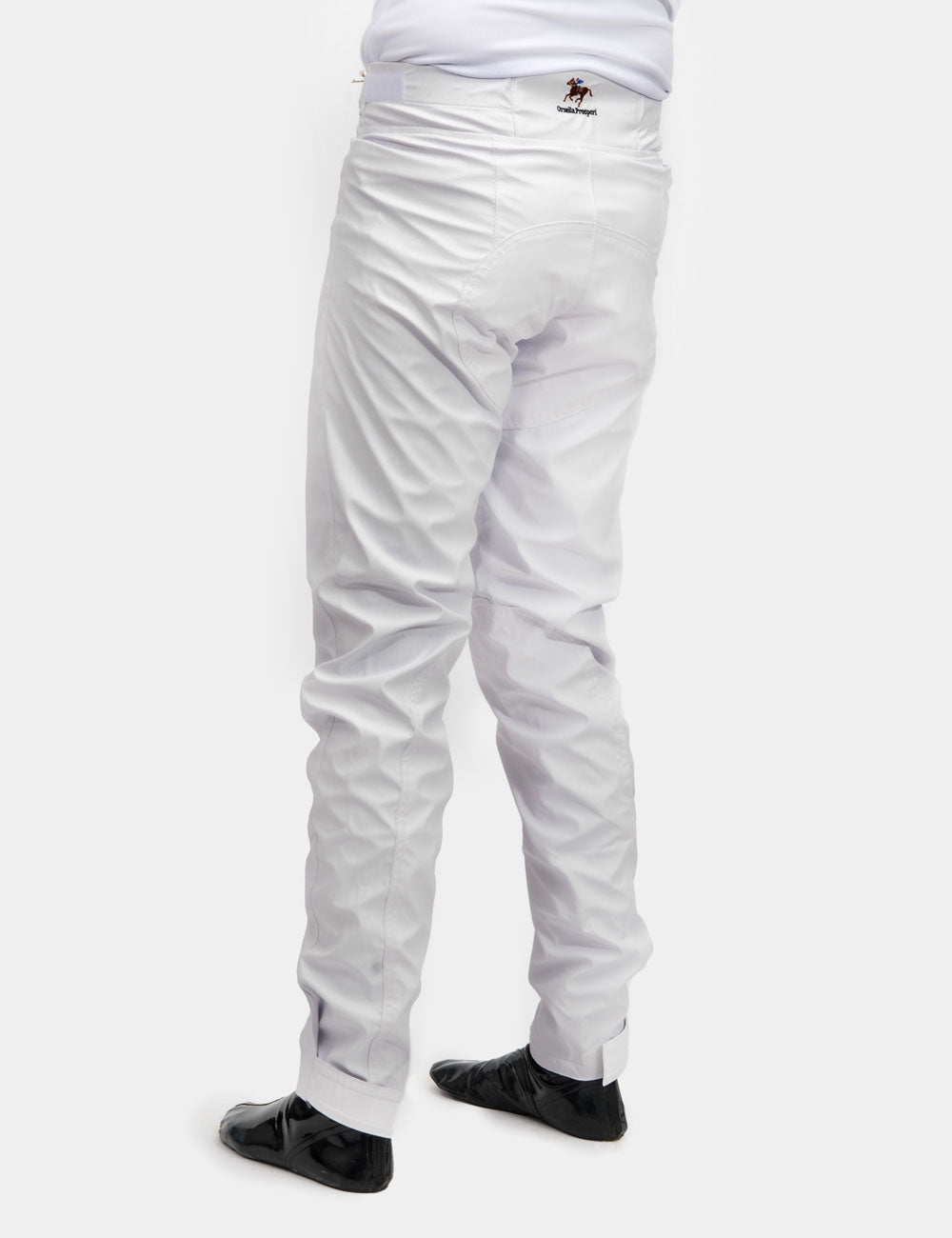 White waterproof over breeches for jockeys by OPR, available in extra small, small, and small long sizes.