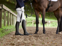 Black rubber riding boots with a sleek design, worn by a rider beside a horse in an outdoor arena.