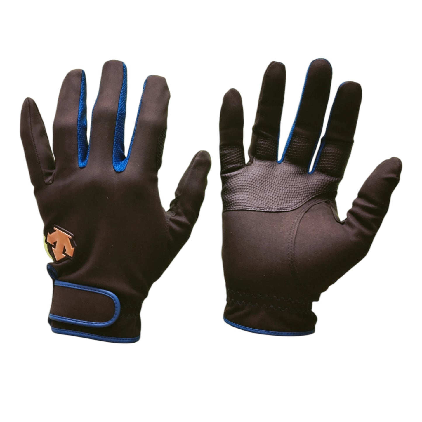 Lightweight black microfiber horse riding gloves with blue trim, by Descente, designed for jockeys.