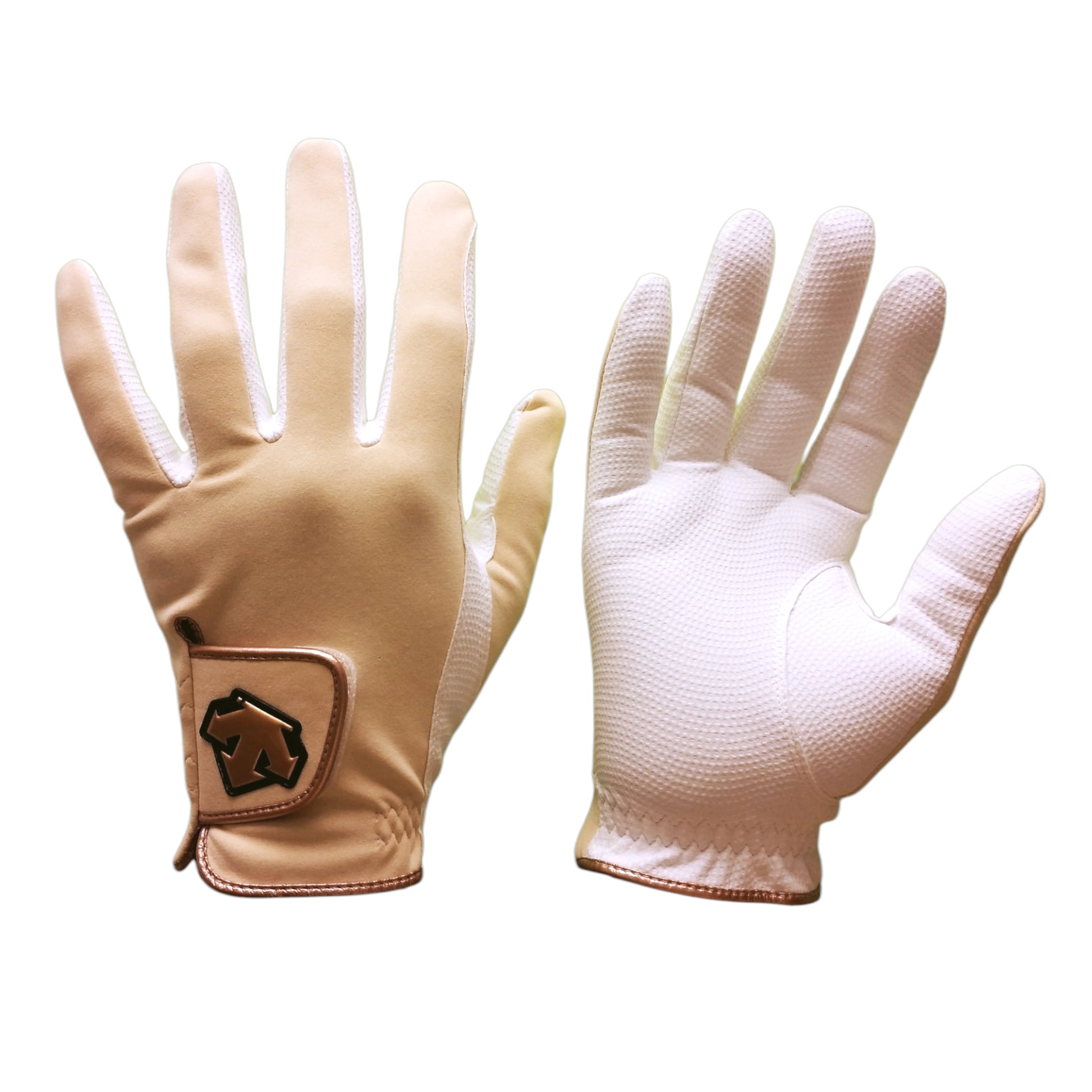Beige microfiber horse riding gloves with gold trim by Descente, designed for jockeys