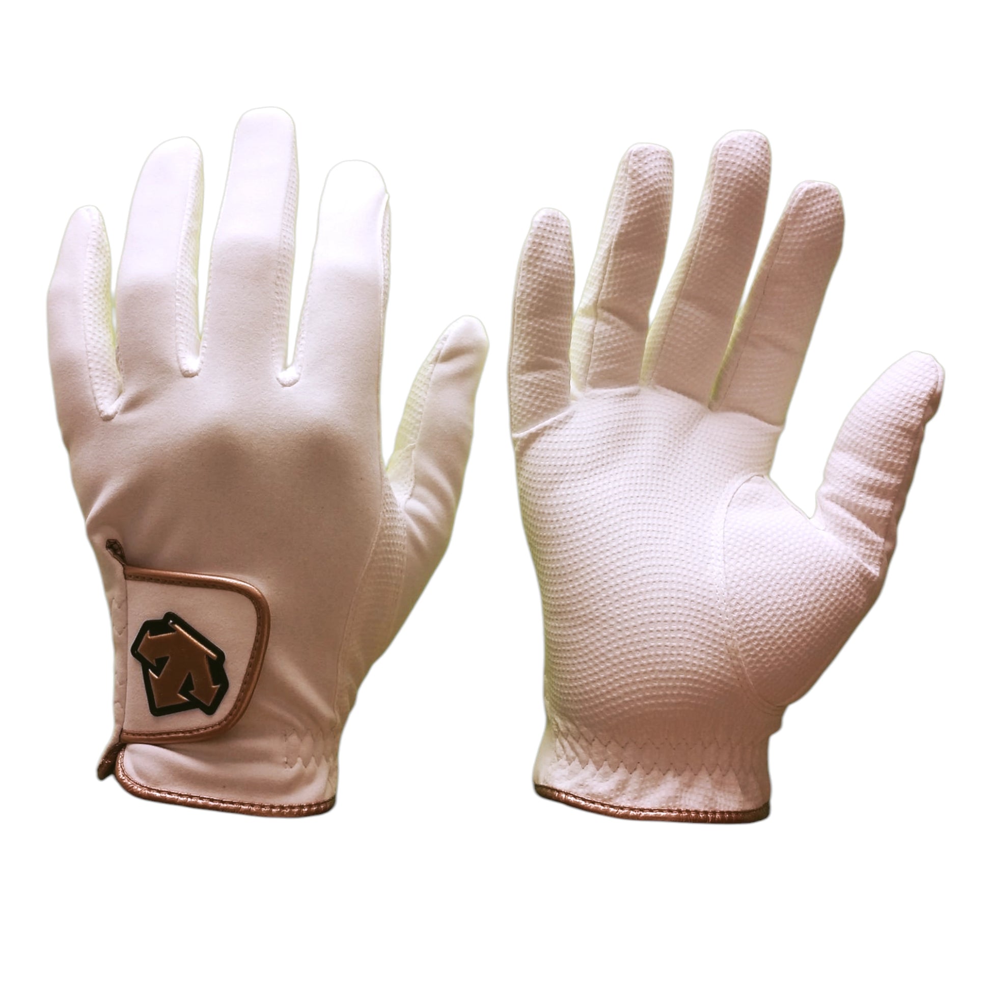 Beige microfiber horse riding gloves with gold trim by Descente, ideal for jockeys