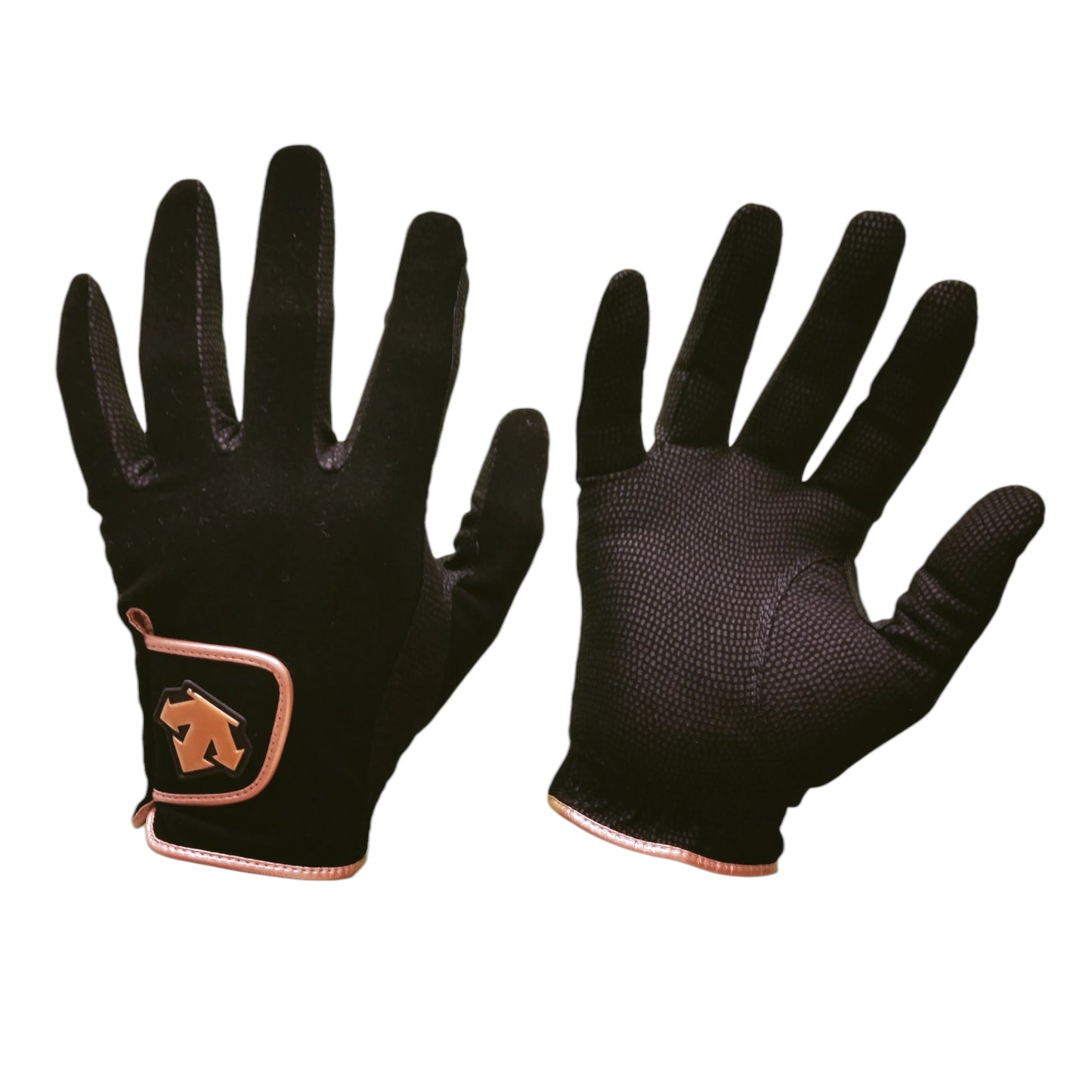 Descente JRA lightweight microfiber riding gloves with gold trim in beige, black, and white options