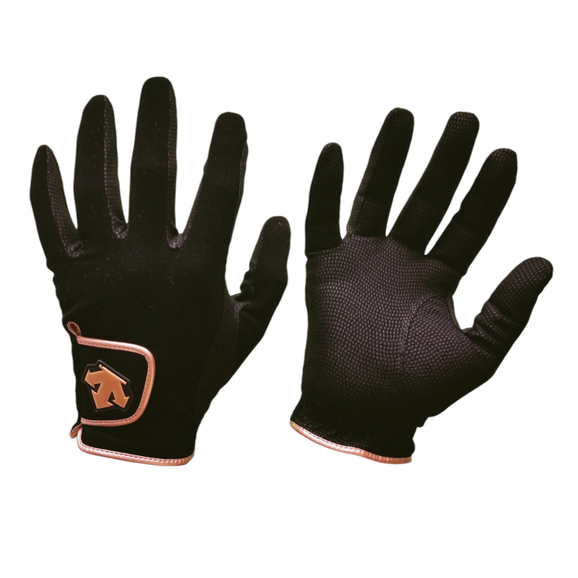 Descente JRA lightweight microfiber riding gloves with gold trim in beige, black, and white options