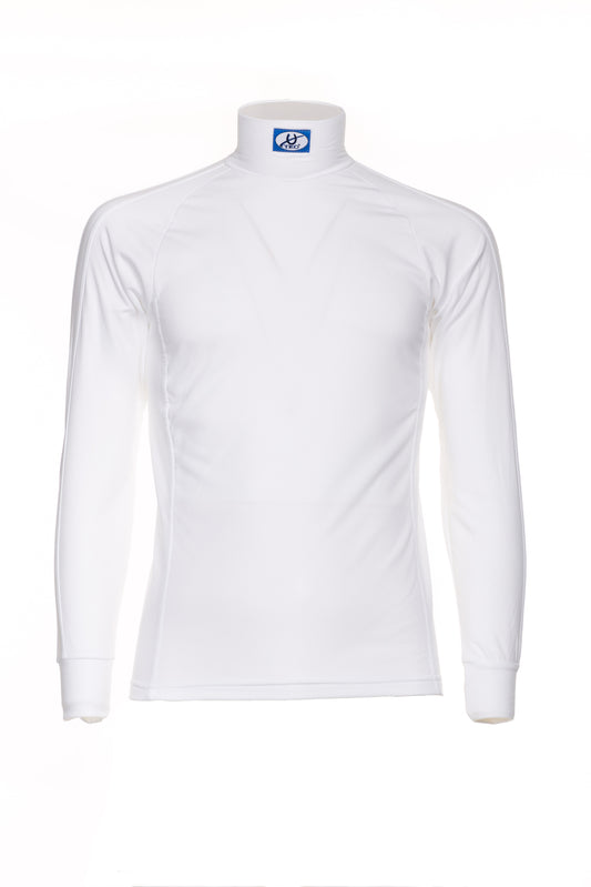 White TKO microfleece long sleeve turtleneck base layer for winter racing, featuring a 2.5-inch collar