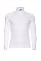 White TKO microfleece long sleeve turtleneck base layer for winter racing, featuring a 2.5-inch collar