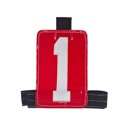 Black adjustable elastic jockey arm band with bright horse number display, featuring Equiwin branding.