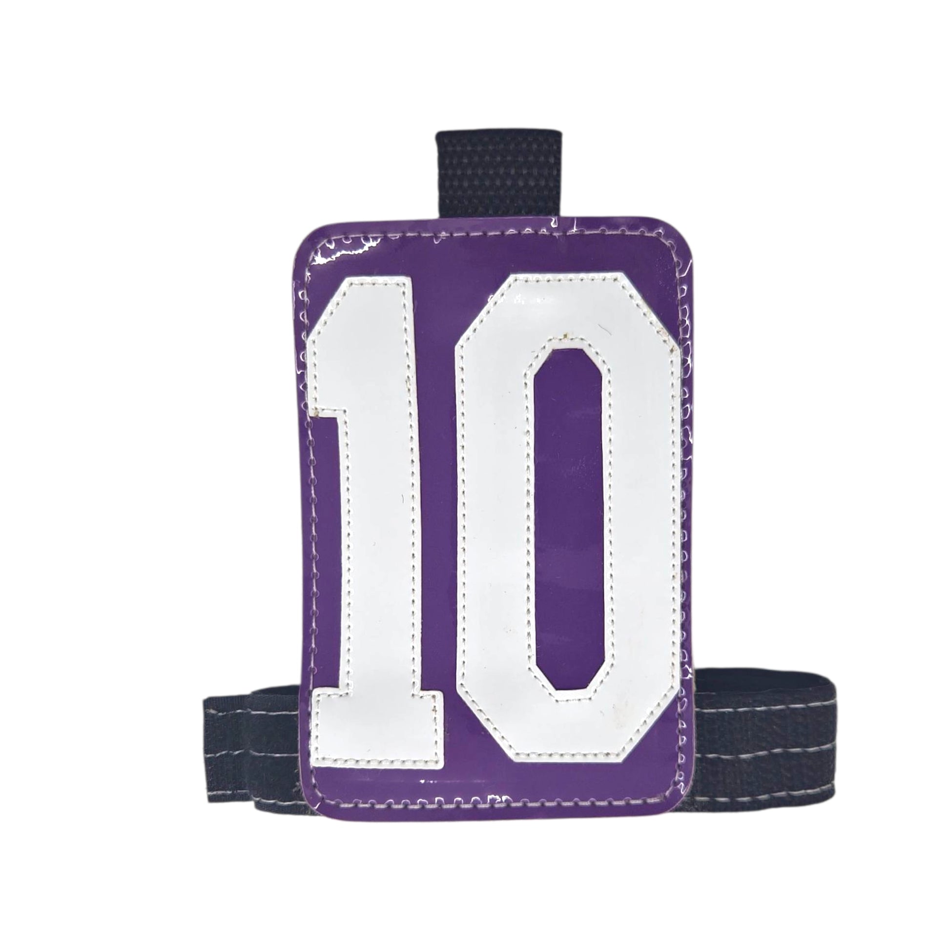 Purple luggage tag with white number 10 and adjustable strap.