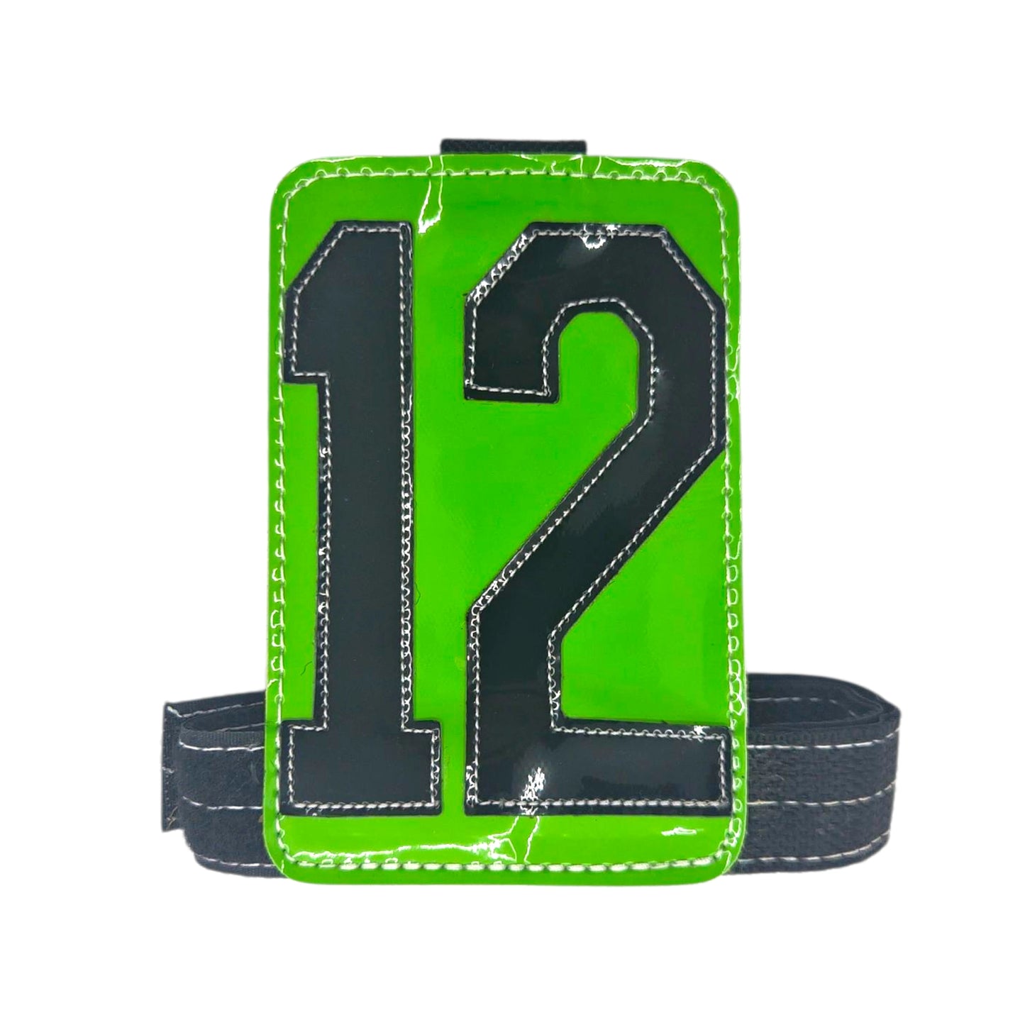 Green sports-themed phone holder with black number 12 and adjustable strap.