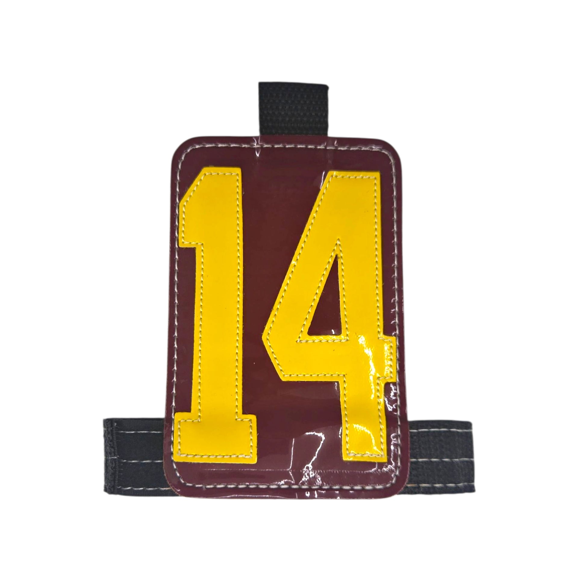 Maroon and yellow sports jersey number 14 on a clear plastic holder with a black adjustable strap.