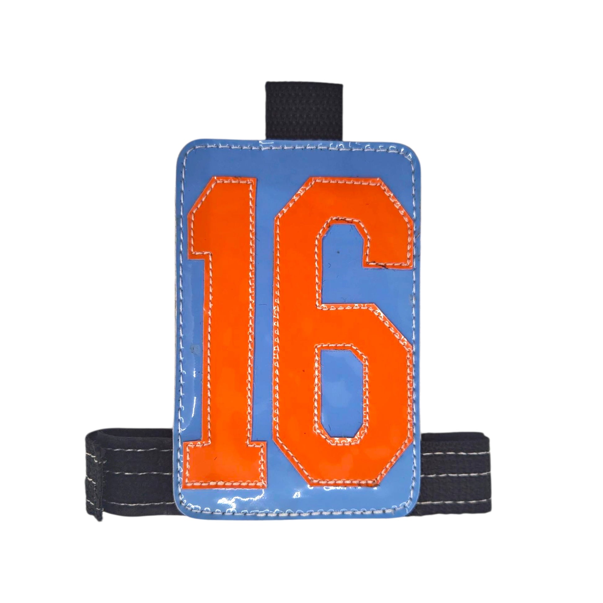 Blue and orange sports jersey number 16 on a sturdy strap.