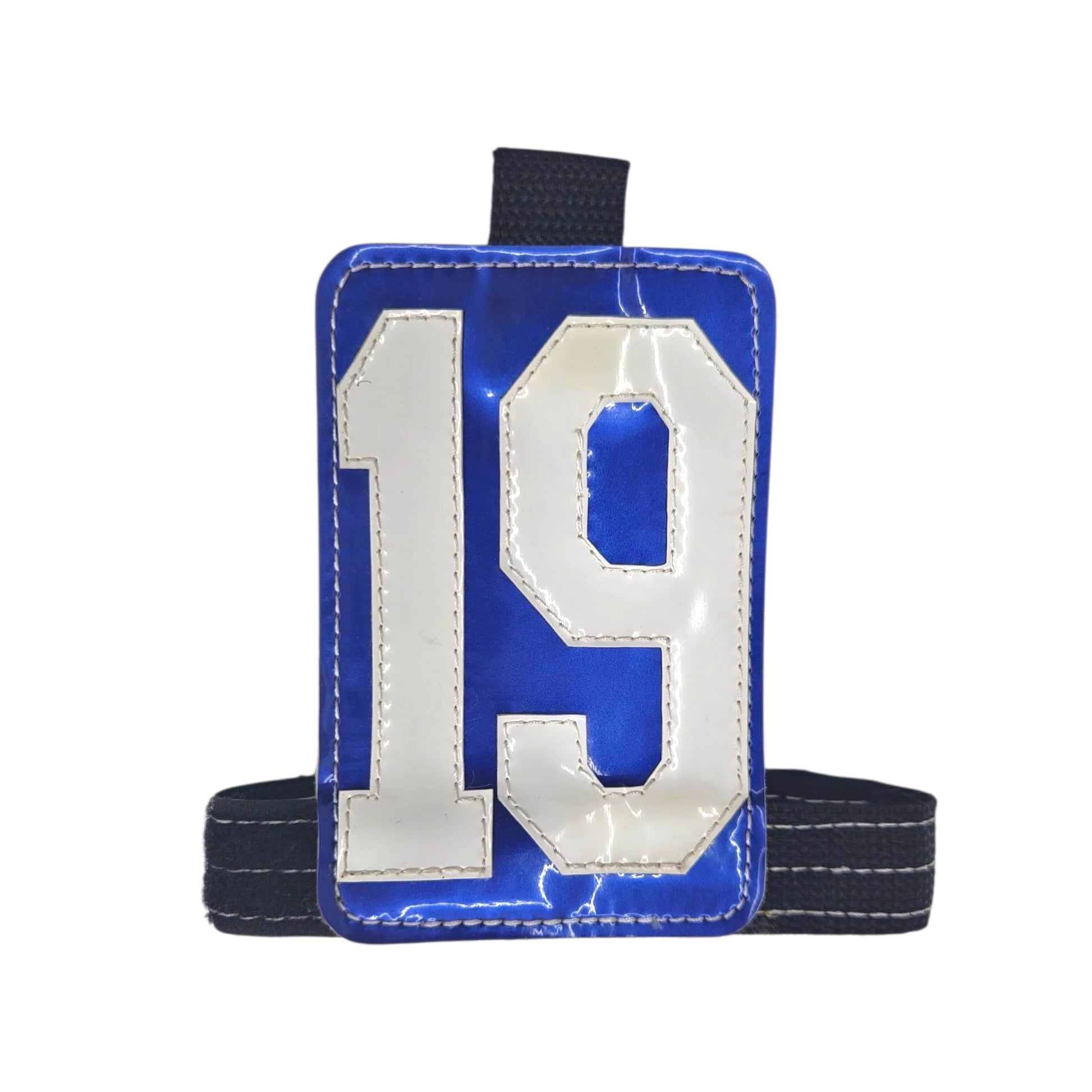 Blue sports jersey tag with white number 19 and adjustable strap.