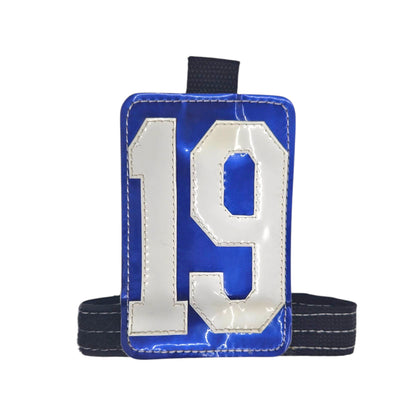 Blue sports jersey tag with white number 19 and adjustable strap.