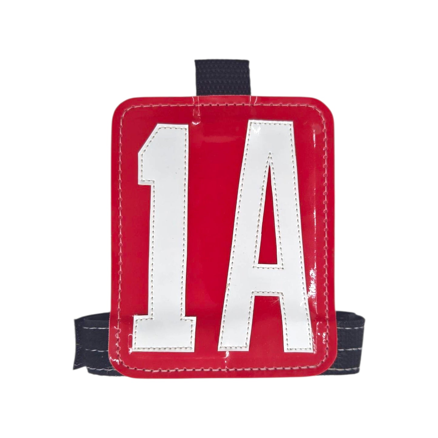 Red number tag with white '1A' lettering and black straps for secure attachment.