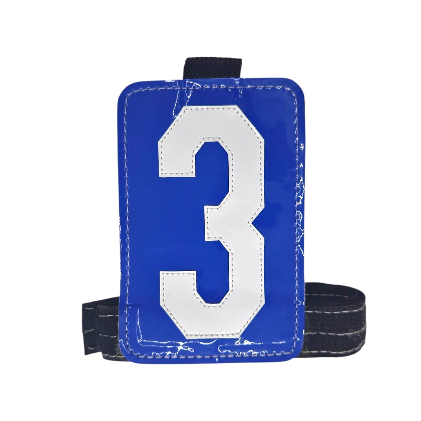 Equiwin adjustable black jockey arm band for racing numbers with elastic strap, displaying horse number #1.