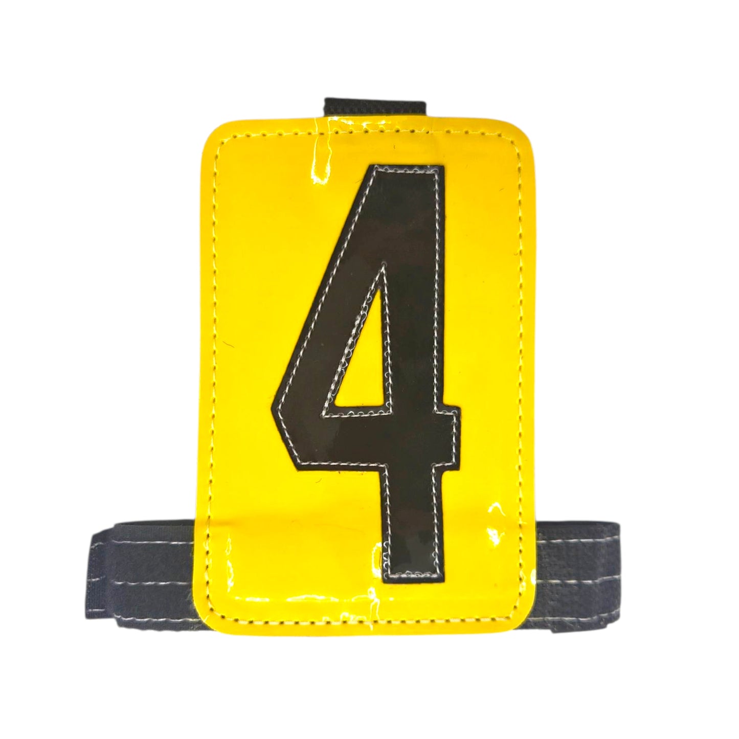 Yellow number 4 marker with black lettering and gray strap for visibility.