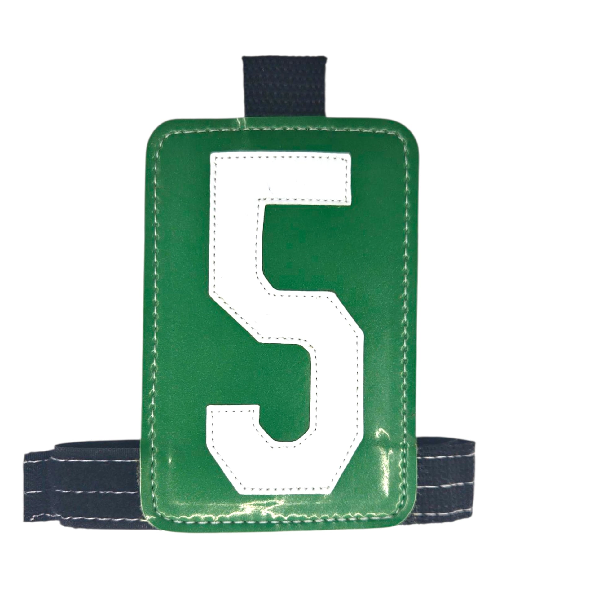 Green vinyl luggage tag with white number "5" and adjustable black strap.