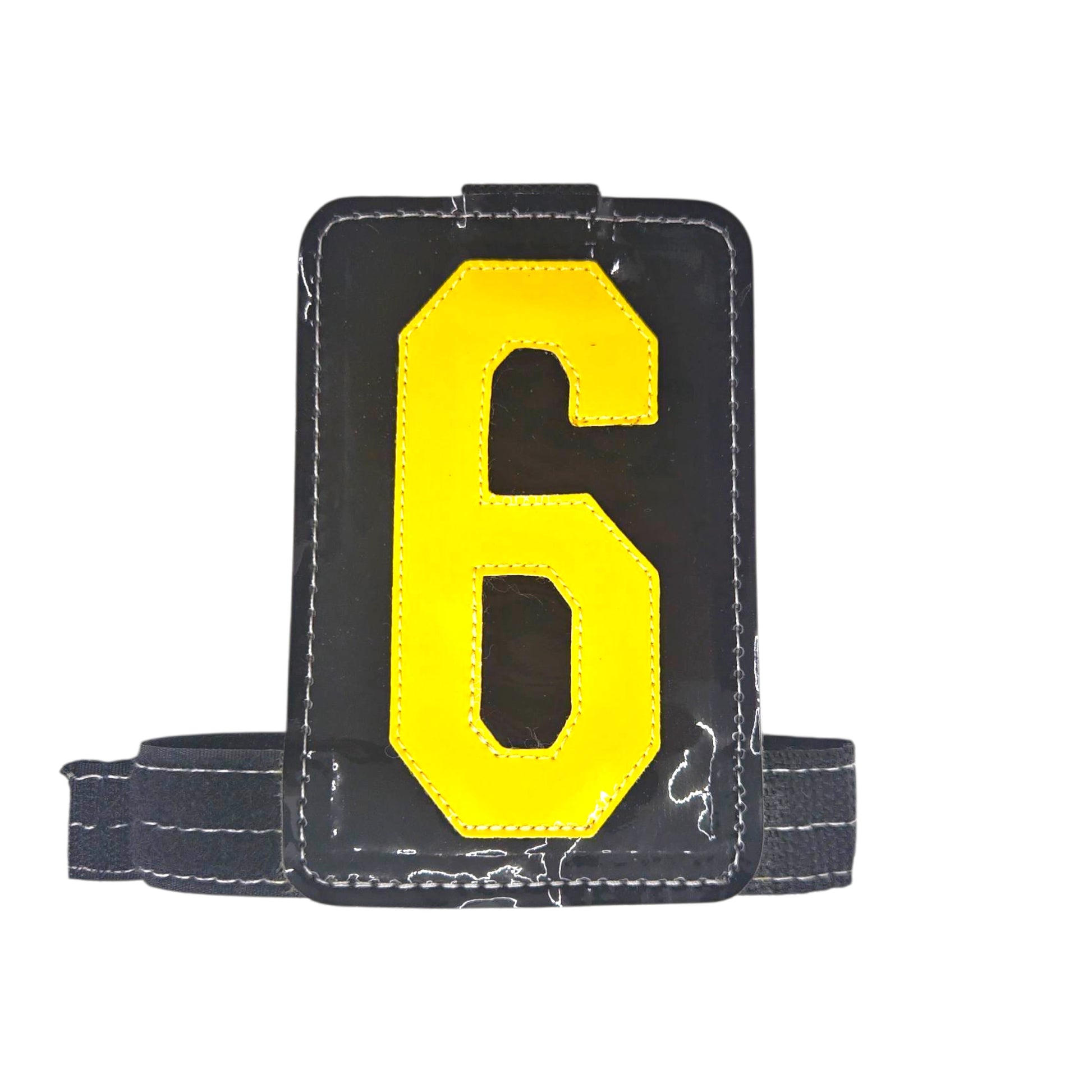 Black phone pouch with yellow number "6" and adjustable strap.