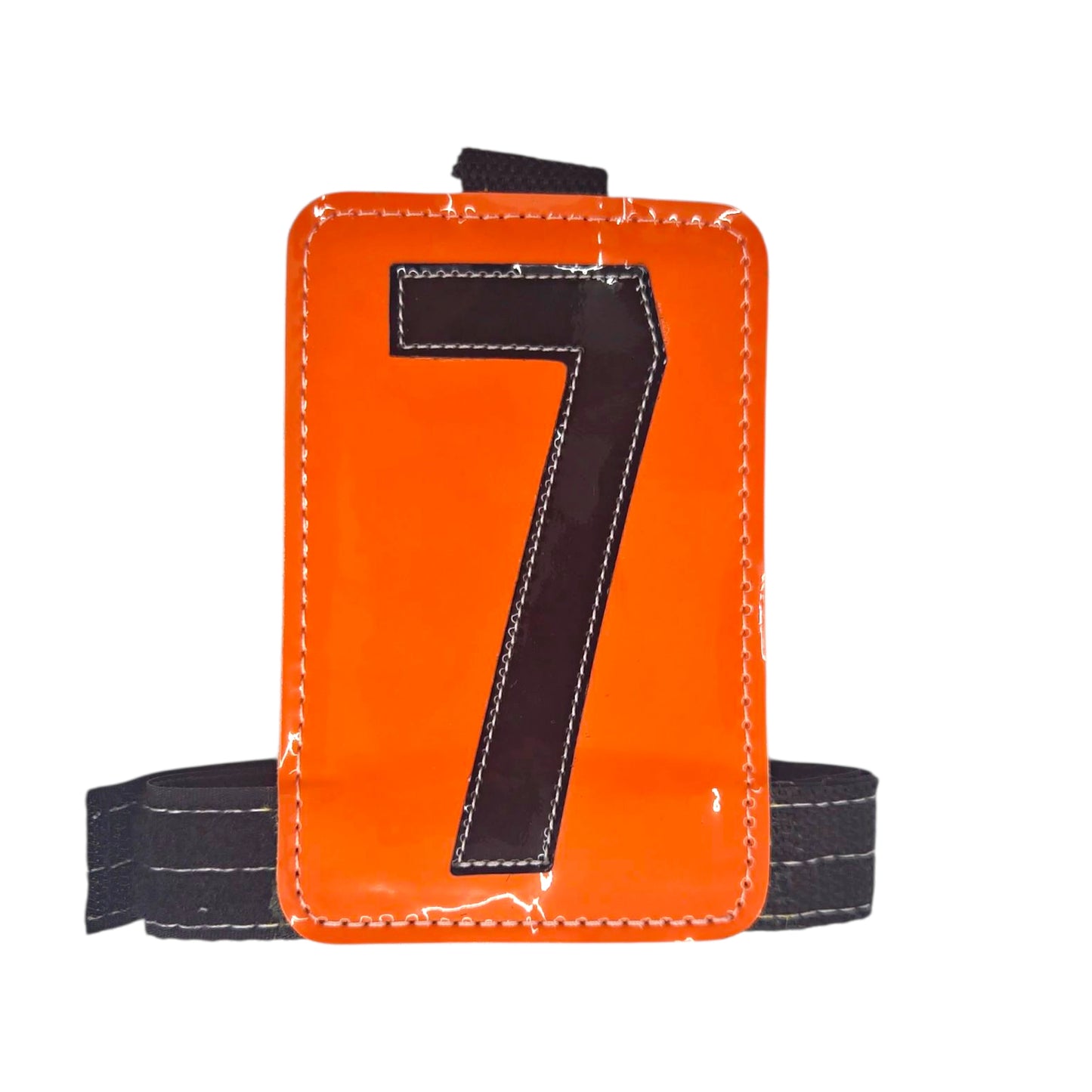 Orange training vest with large black number 7, featuring adjustable black straps.