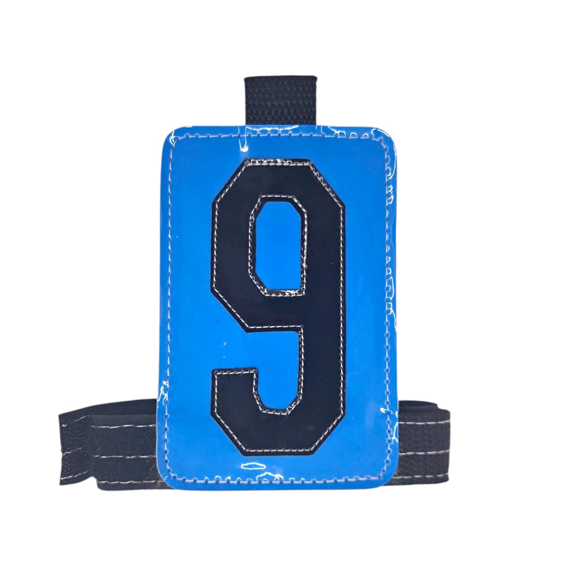 Blue sports phone holder featuring a large black number 9 and adjustable strap.