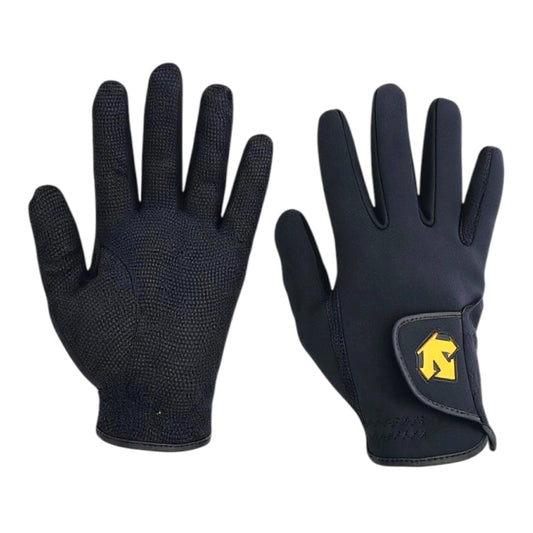 Descente black lightweight insulated winter riding gloves for equestrian use, featuring full-finger design and warm lining. Constructed with a microfiber digital pattern palm fabric and neoprene back-palm.