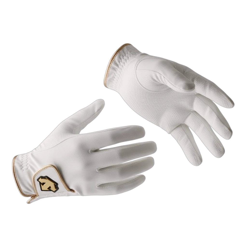 Lightweight white microfiber horse riding full finger gloves with gold trim by Descente, featured in a sleek design for jockeys.