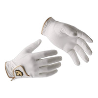 Lightweight white microfiber horse riding full finger gloves with gold trim by Descente, featured in a sleek design for jockeys.