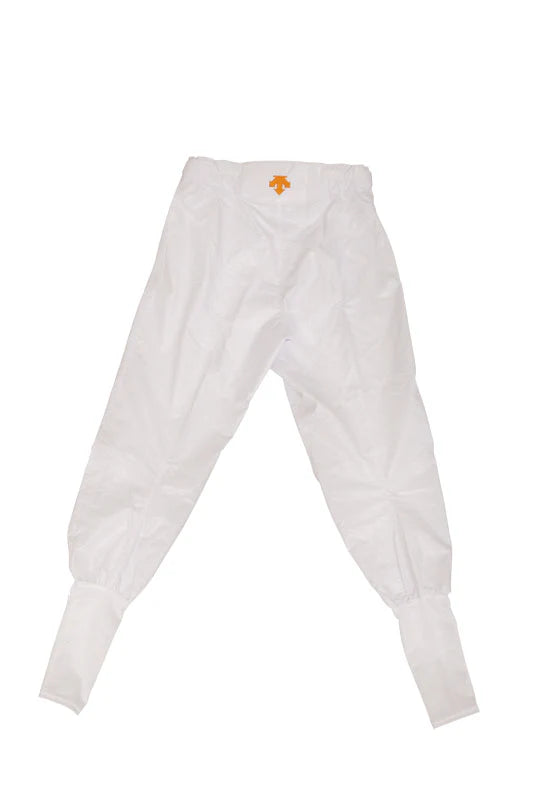 White elasticated track pants with cuffs and orange logo detail.