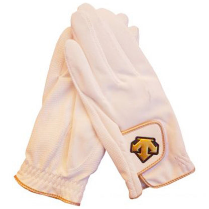 Beige lightweight microfiber riding gloves with gold trim by Descente, featured in a sleek design for jockeys.