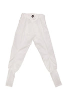 White Descente summer jockey breeches with adjustable ankle straps and athletic fit for enhanced riding comfort
