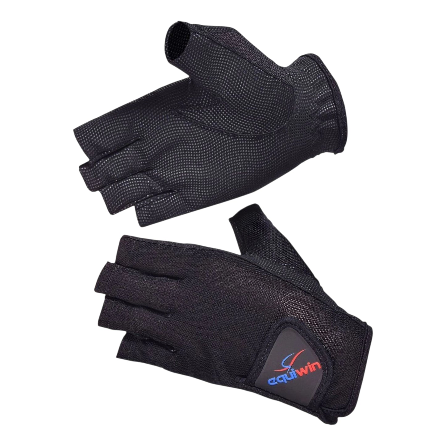 Black mesh fingerless riding gloves for adults by Equiwin, designed for all-weather equestrian use.