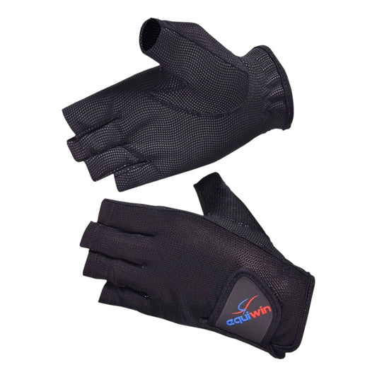 Black mesh fingerless riding gloves for adults by Equiwin, designed for all-weather equestrian use.