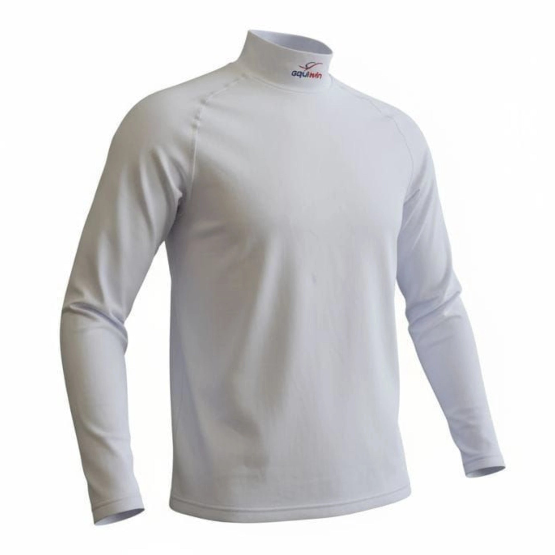 White long sleeve cotton turtleneck riding shirt by Equiwin, ideal for equestrian activities