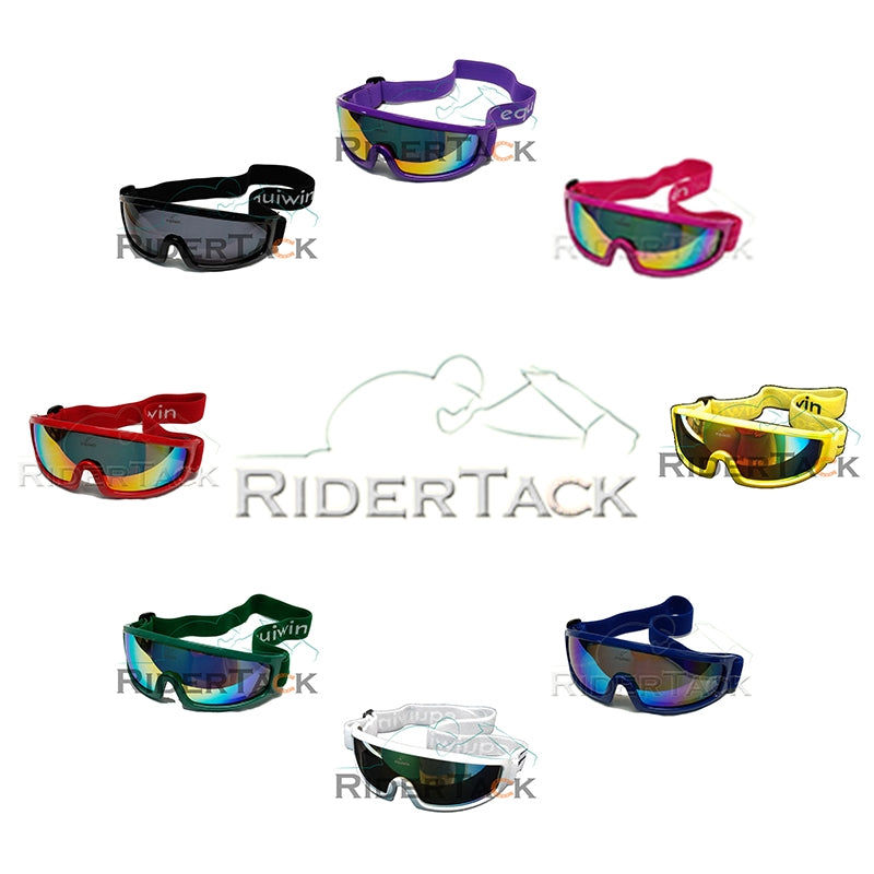 Equiwin anti-fog turf riding goggles with adjustable headband, red frame and red mirror lens for UV protection.