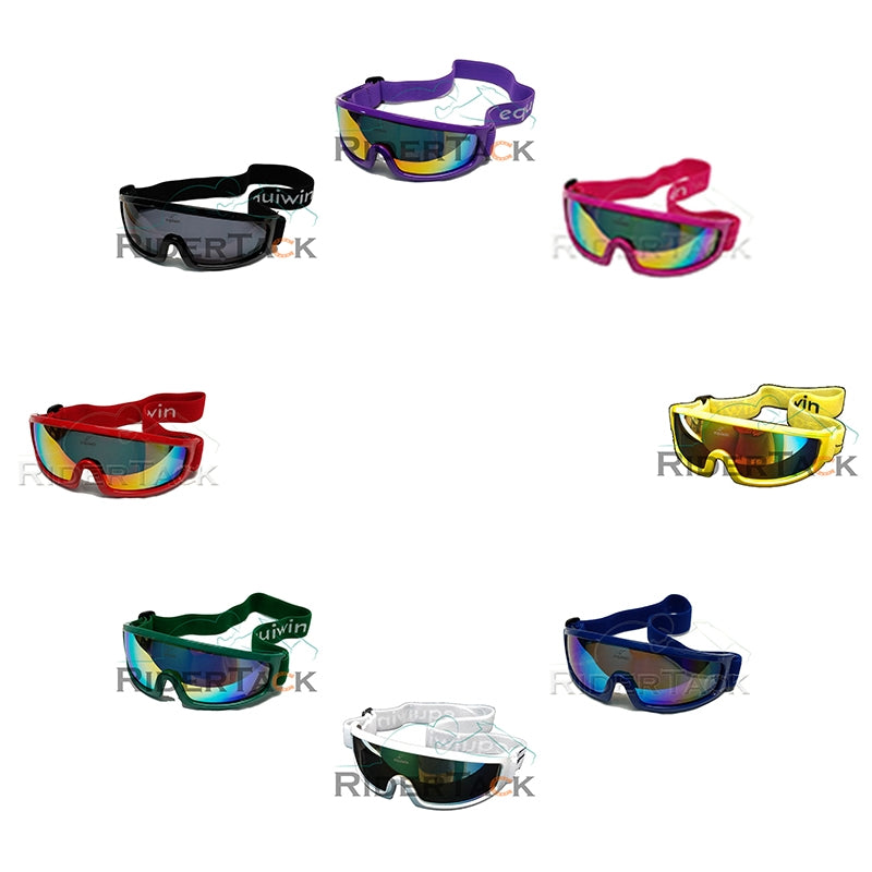 Equiwin BIJOU Anti-Fog Riding Goggles with adjustable headband, red frame, and red mirror lens for UV protection.