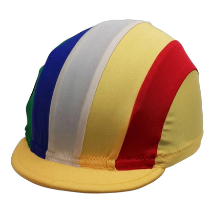 Multicolored cycling cap with blue, green, red, and yellow stripes.