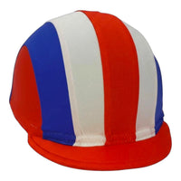 Equiwin BIGHELM striped lycra helmet cover in red and white, featuring a stretchy arc design, compatible with Arai helmets