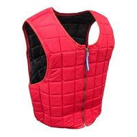 Red polyester Jockey Riding Vest by Equiwin, designed for safety and comfort, available in various adult sizes.