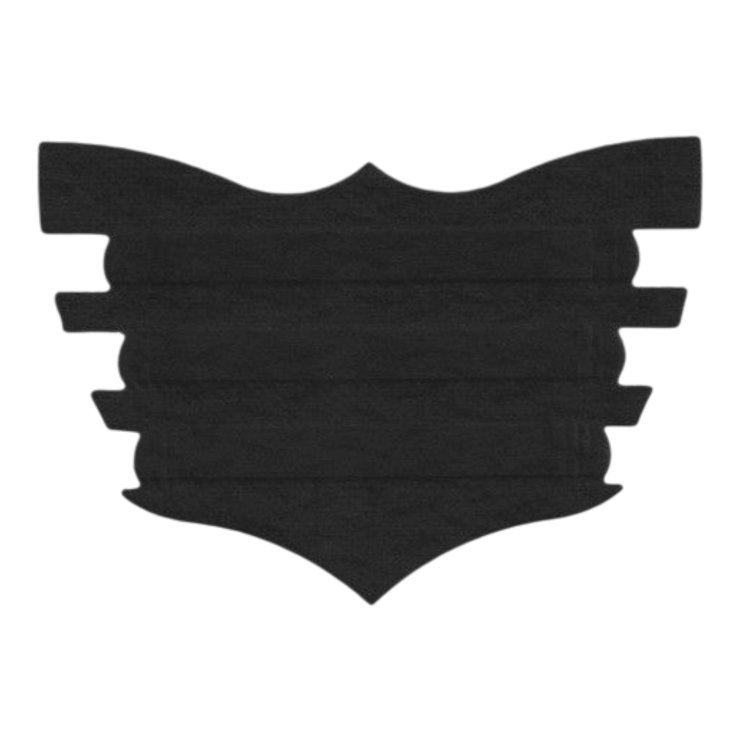 Black cotton face mask in a shield shape with multiple pleats.