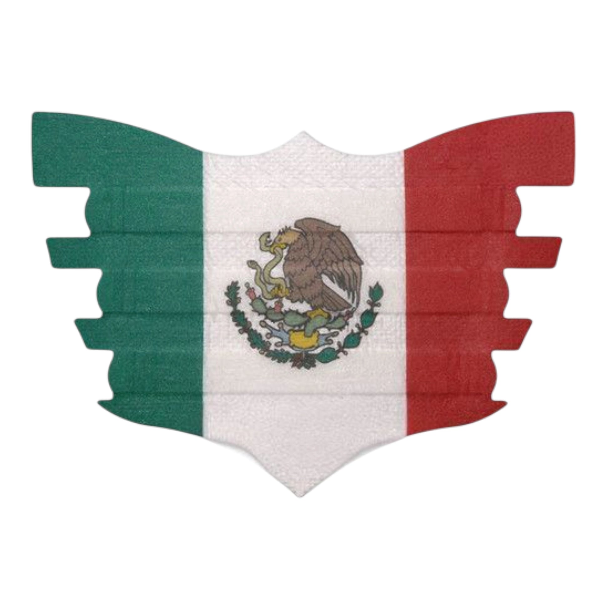 Mexican flag-themed wall art in a shield shape with green, white, and red stripes.