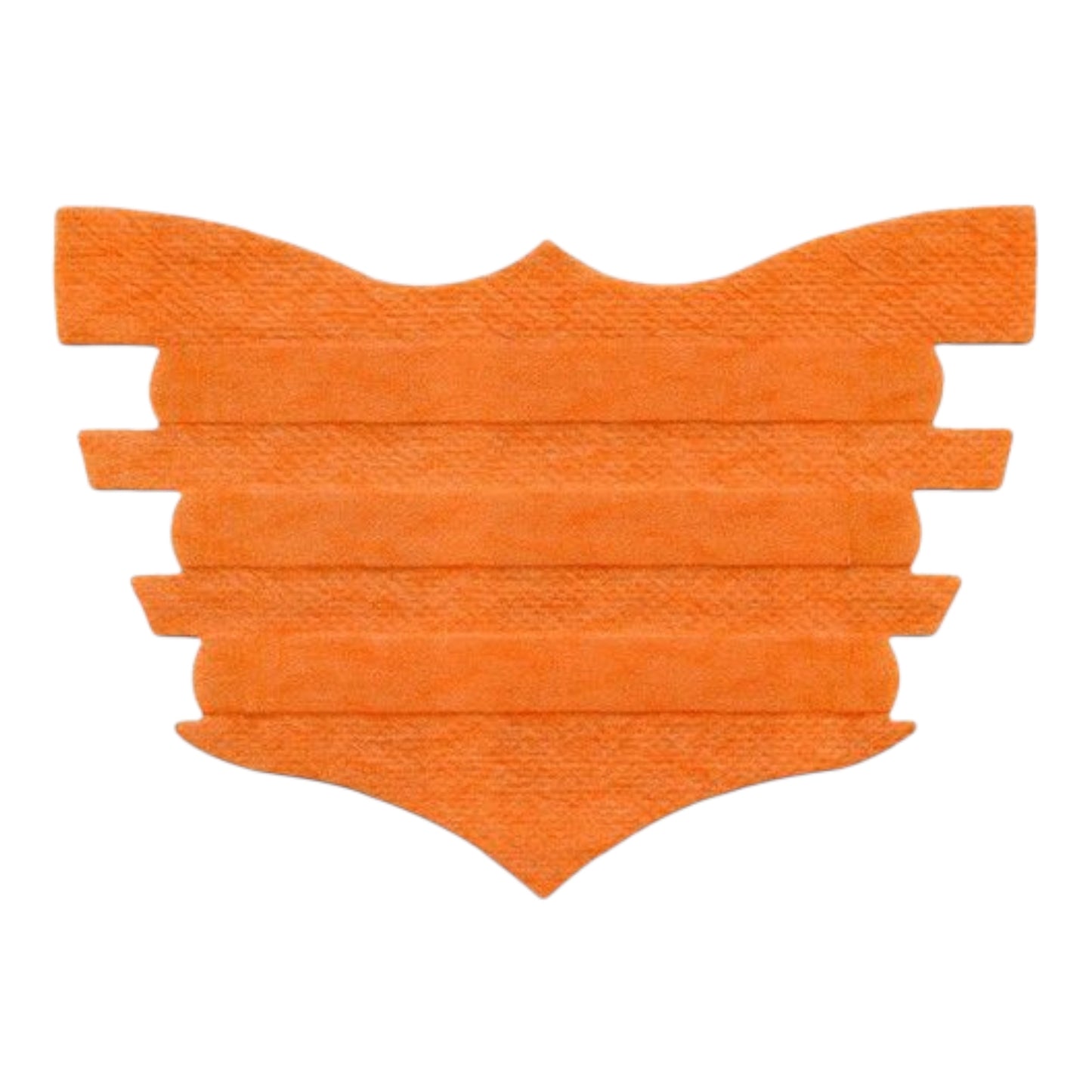 Orange leather patch in a shield shape, featuring layered stripes for a textured look.