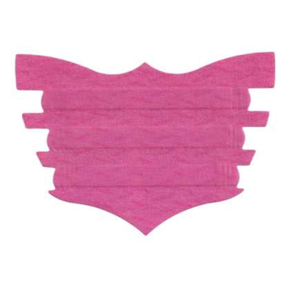 Pink shield-shaped mask with layered design for face protection.