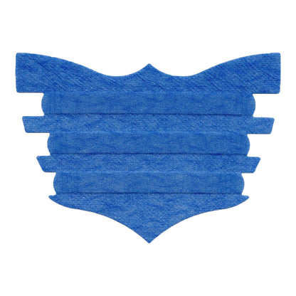 Blue disposable mask with a shield shape and layered design.