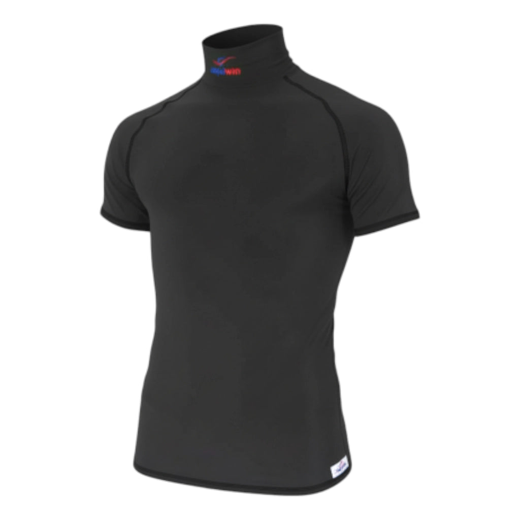 White short sleeve Lycra turtleneck riding shirt by Equiwin, breathable design for jockey apparel.
