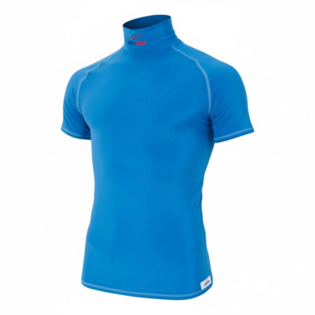 Blue short-sleeve rash guard with high collar and logo detail.