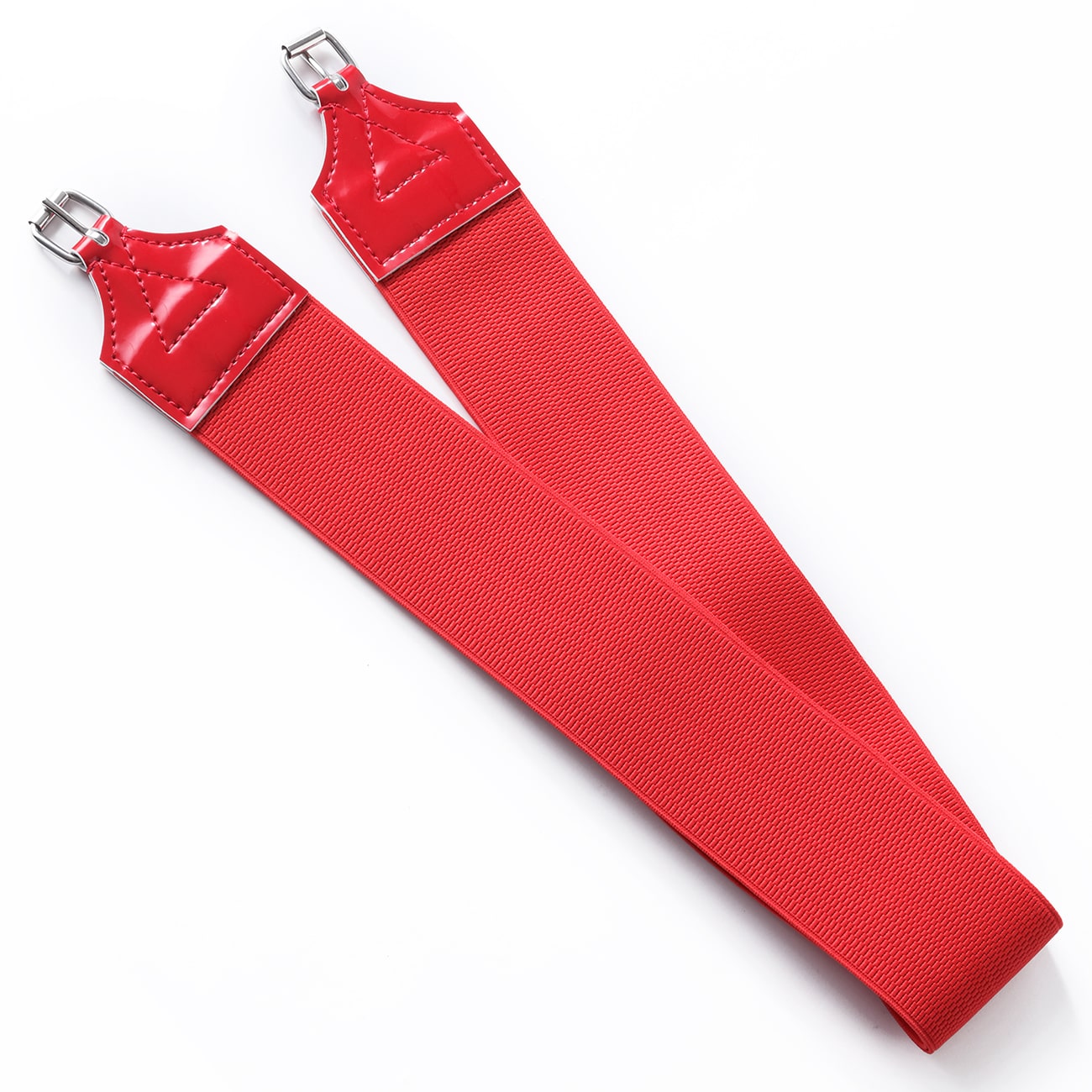 Somes red elastic horse racing girth set with stainless steel cinches and channels, available in short, regular, and long le