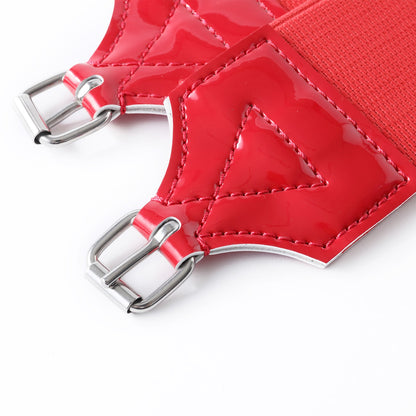 Somes stainless steel horse racing girth set in red, featuring colorful elastic channels and cinches