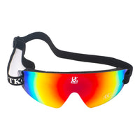 Red mirror lens TKO American goggle with UV protection and anti-fog features, designed for jockey racing.