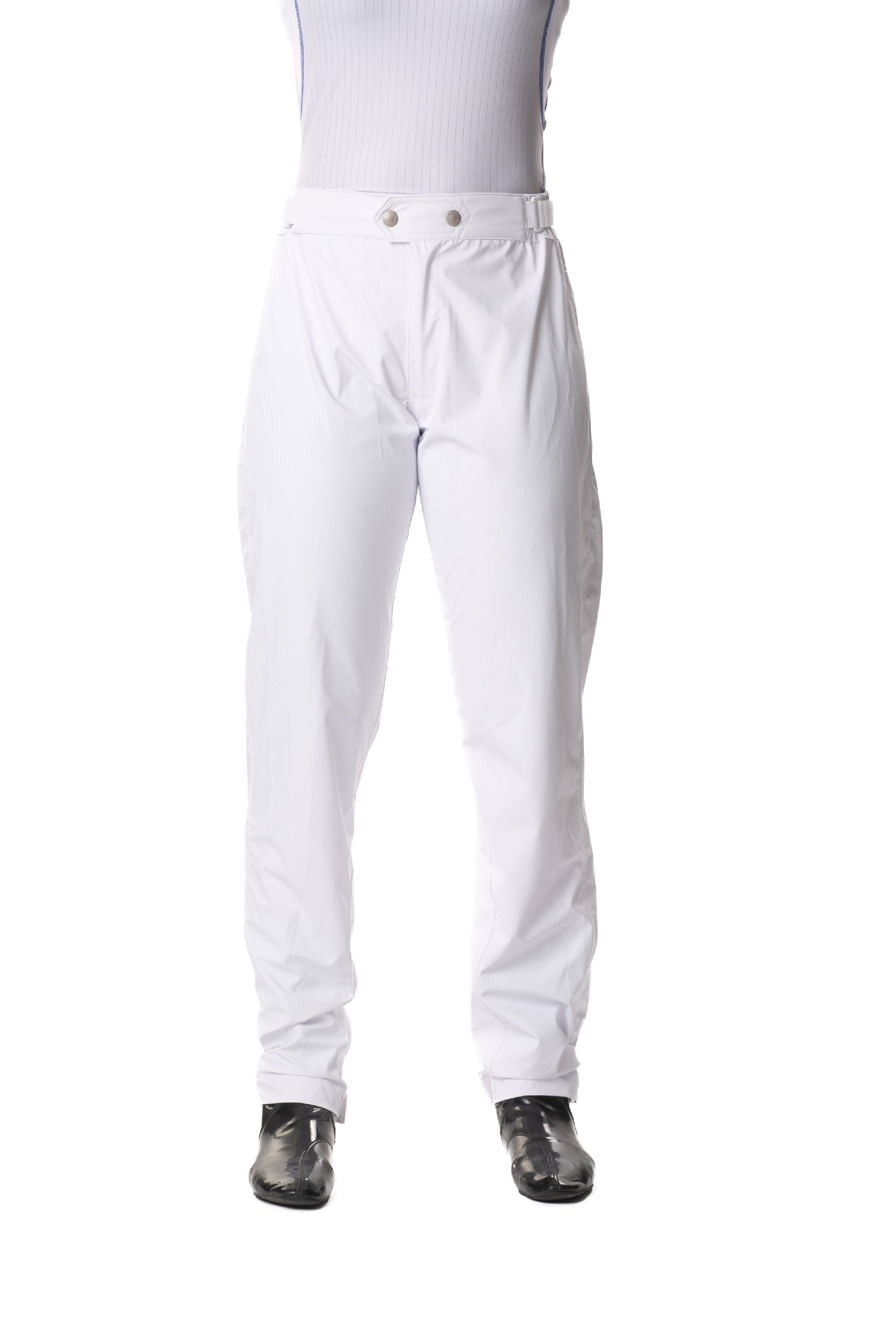 White TKO long mud pants for jockeys, designed for rain protection and comfortable riding